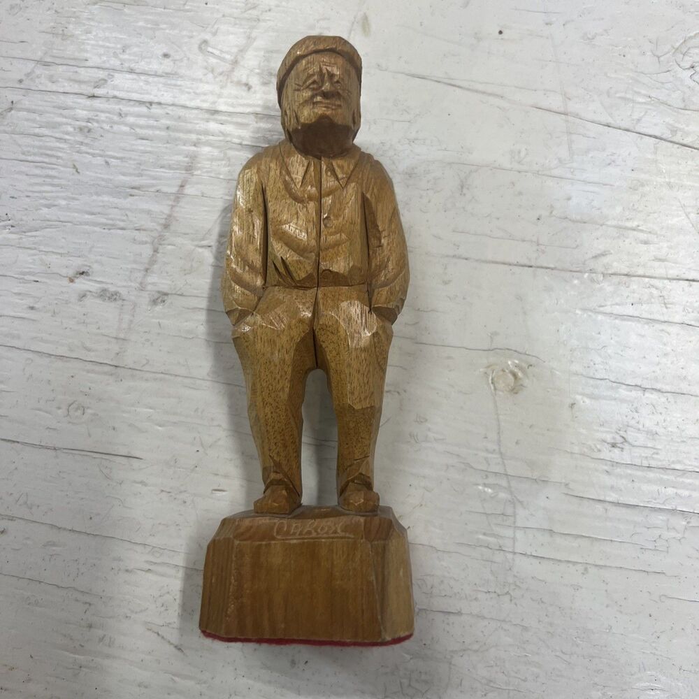 Vintage Canadian Folk Art Wood Carving, Flat-Plane Old Man With BackpackFigurine